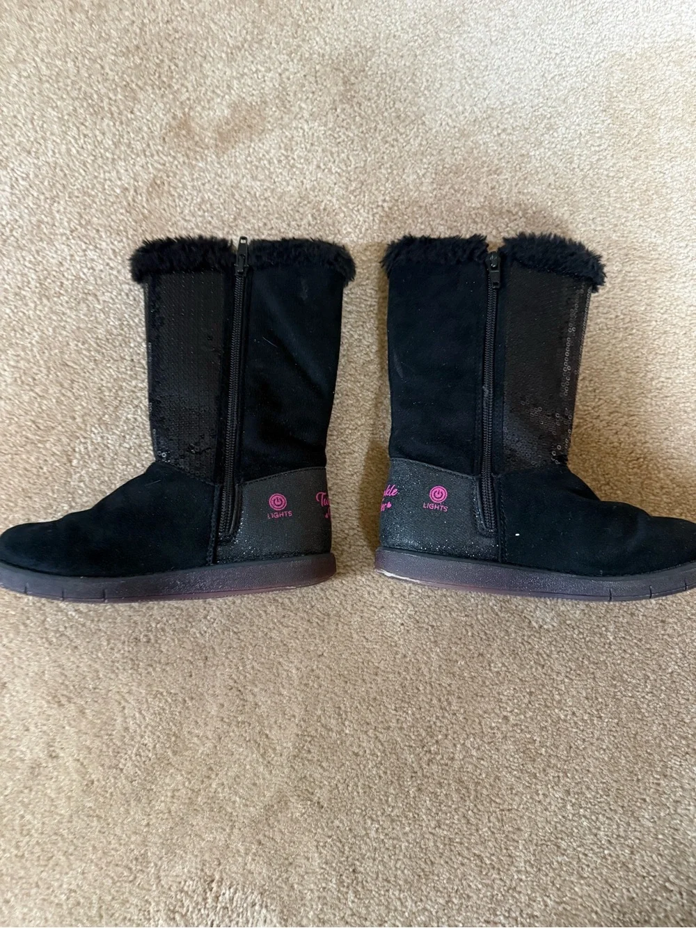 Kids Sketcher Black Sparkly Winter Boots with Faux Fur